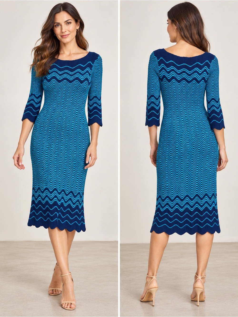 Isaac Mizrahi Live Navy Turquoise Chevron Knit Midi Dress, Size XS